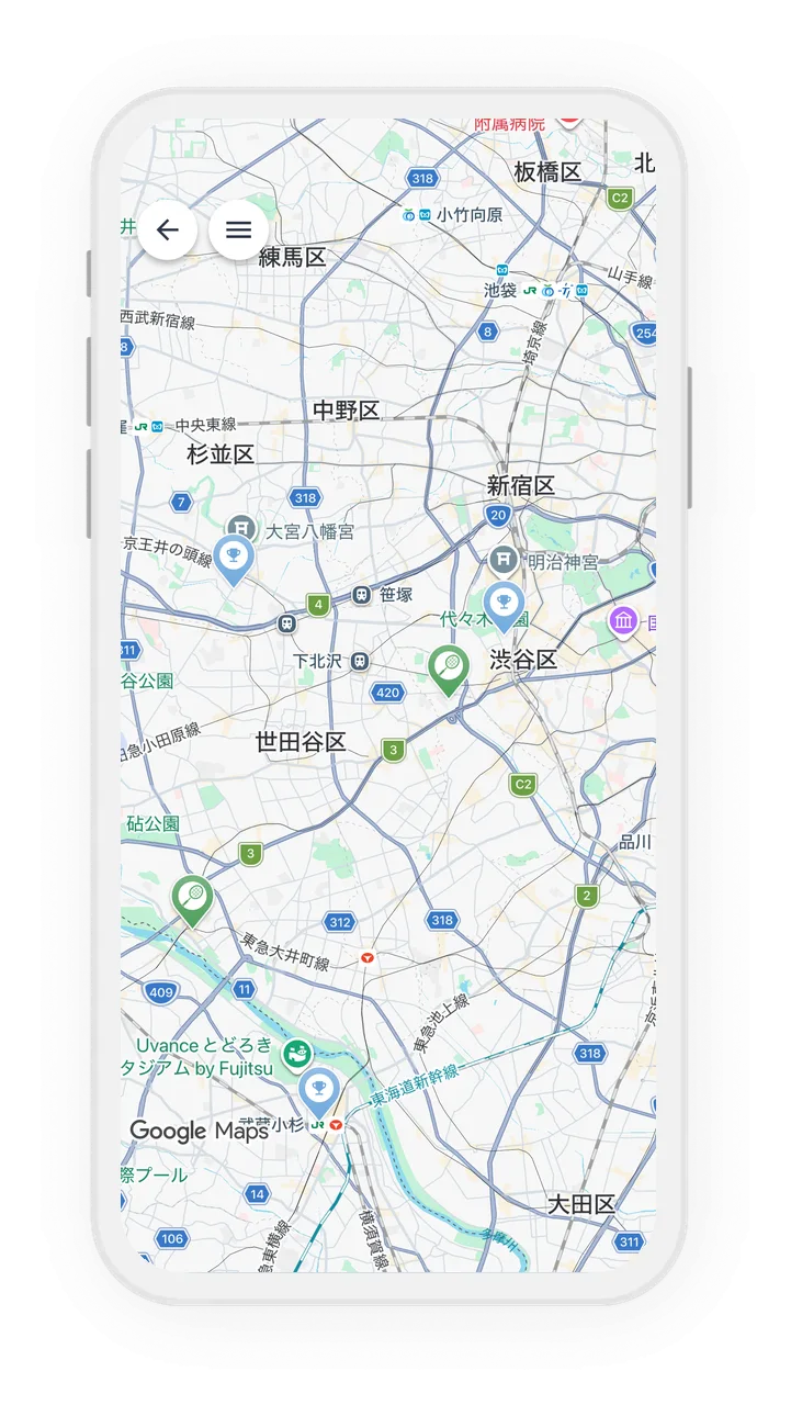 マップ画面。大会会場・練習場所・バドミントンショップのピンが地図上に表示されている