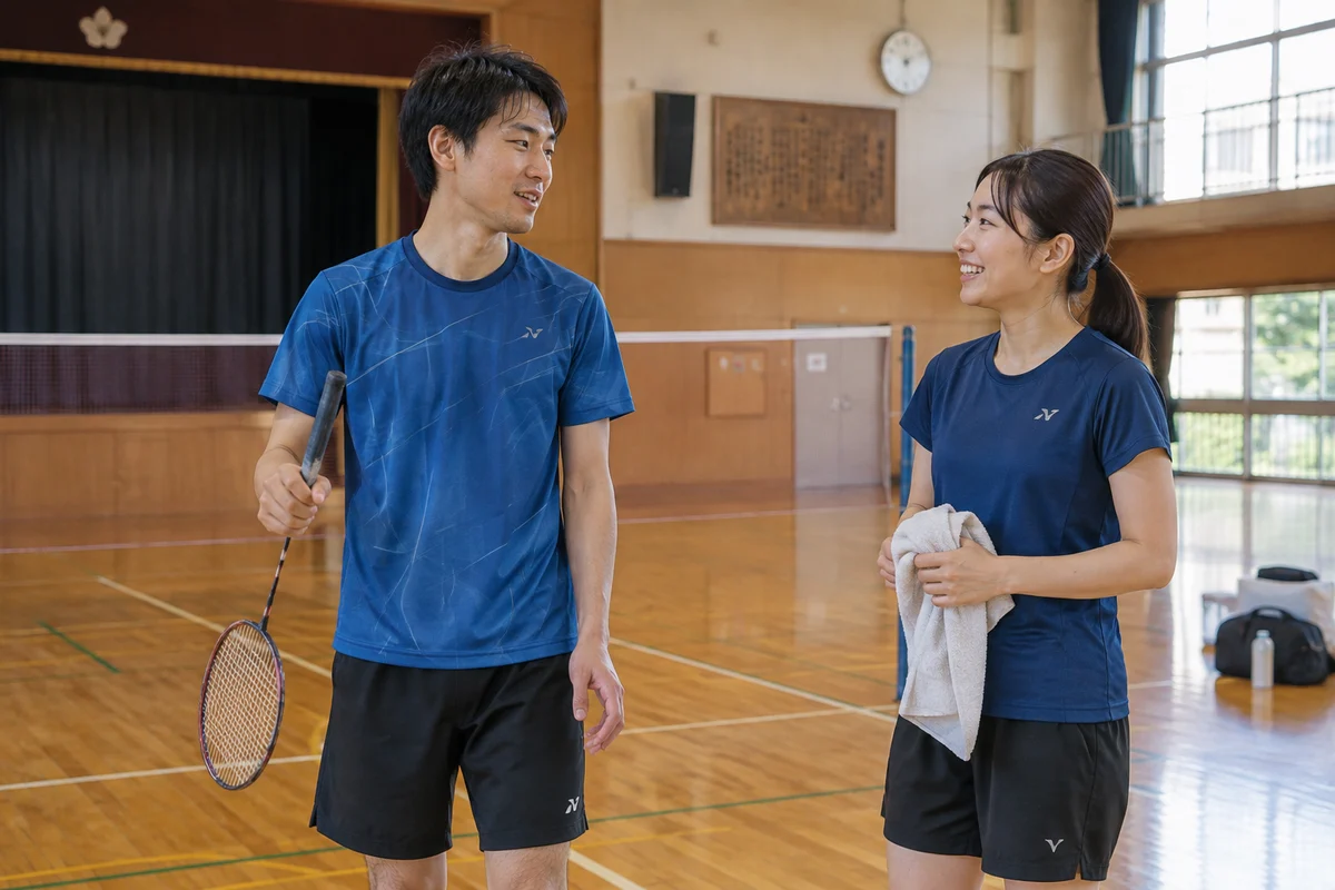 体育館で練習前に話す大人のバドミントン参加者のイメージ