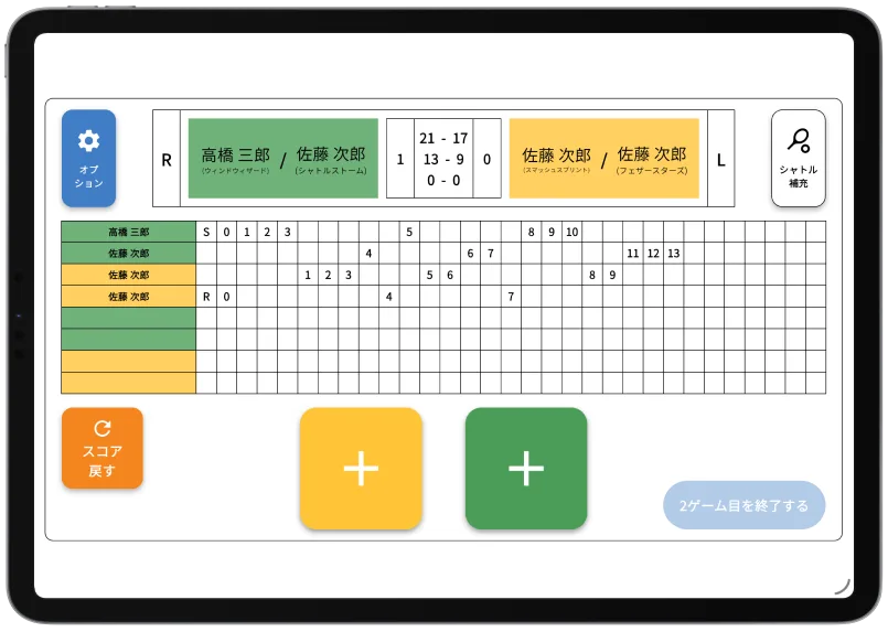 タブレットのスコア入力画面。タップで得点を入力できる